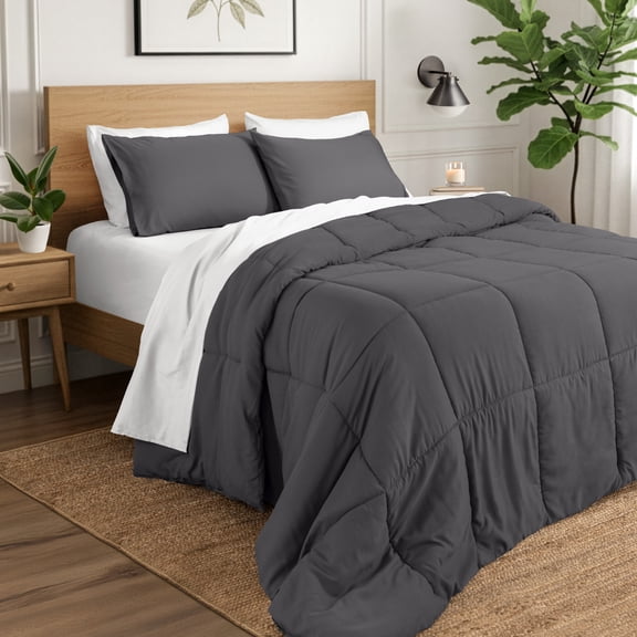 Ivy Union Comforter Set - Box Stitch - Easy Care Ultra-Soft Microfiber - All Season Warmth - Bedding Comforter - Cal King - Forged Iron Grey