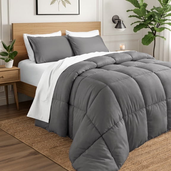 Ivy Union Comforter Set - Box Stitch - Easy Care Ultra-Soft Microfiber - All Season Warmth - Bedding Comforter - Cal King - Grey