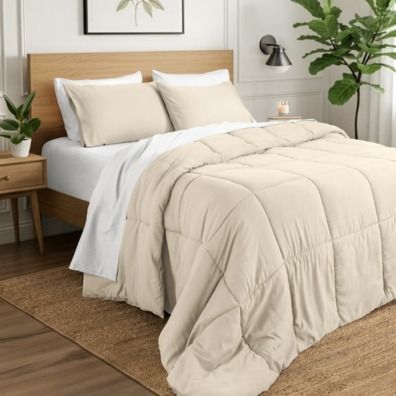 Ivy Union Comforter Set - Box Stitch - Easy Care Ultra-Soft Microfiber - All Season Warmth - Bedding Comforter - King - Sand