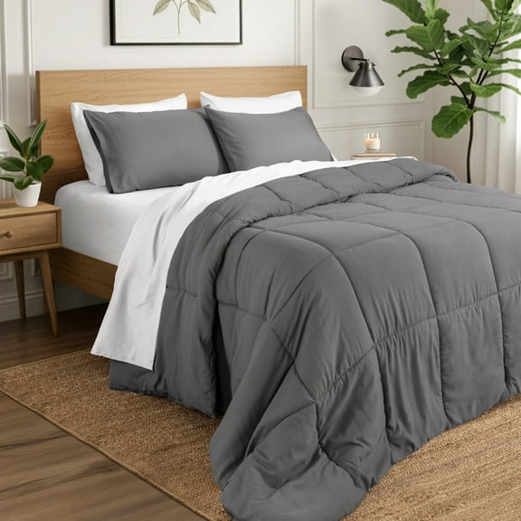 Ivy Union Comforter Set - Box Stitch - Easy Care Ultra-Soft Microfiber - All Season Warmth - Bedding Comforter - Oversized Queen - Grey