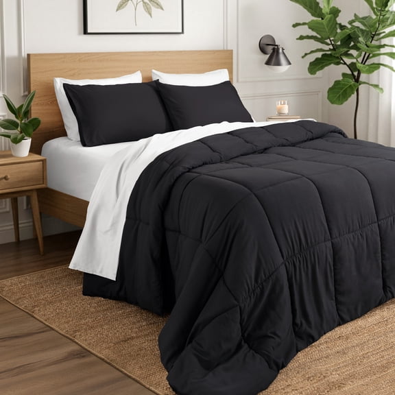 Ivy Union Comforter Set - Box Stitch - Easy Care Ultra-Soft Microfiber - All Season Warmth - Bedding Comforter - Queen - Black
