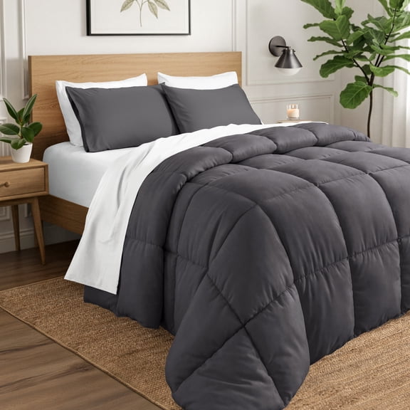 Ivy Union Comforter Set - Box Stitch - Easy Care Ultra-Soft Microfiber - All Season Warmth - Bedding Comforter - Queen - Forged Iron Grey