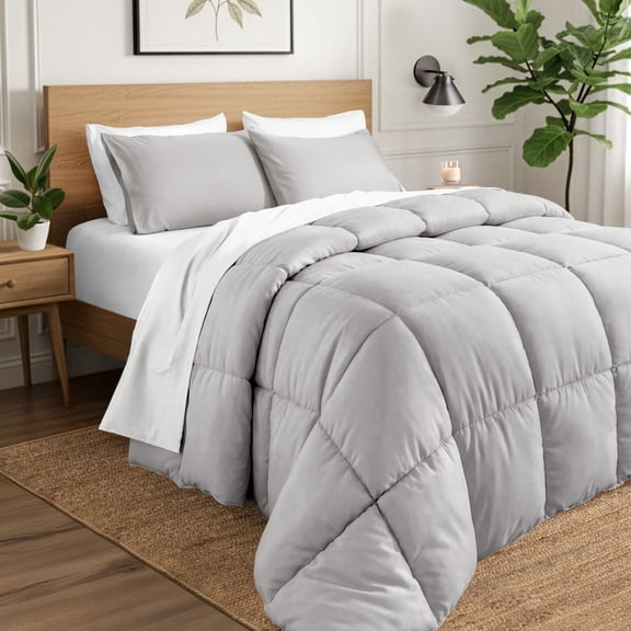Ivy Union Comforter Set - Box Stitch - Easy Care Ultra-Soft Microfiber - All Season Warmth - Bedding Comforter - Twin/Twin XL - Light Gray