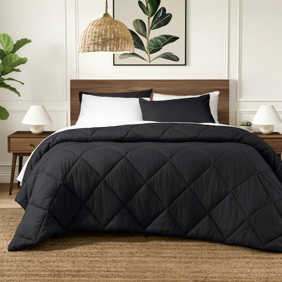 Ivy Union Comforter Set - Diamond Stitch - Easy Care Ultra - Soft Microfiber - All Season Warmth - Bedding Comforter Set - Queen - Black
