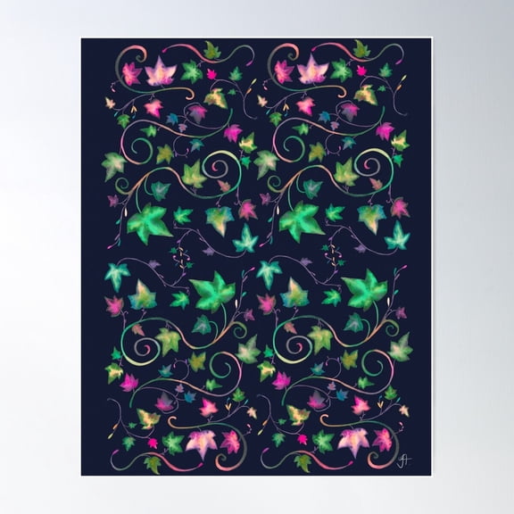 Ivy Vines Watercolor Ornamental Blue Pattern Poster Wall Art, Modern Wall Decor For Living Room Bedroom, 24x36 UNFRAMED