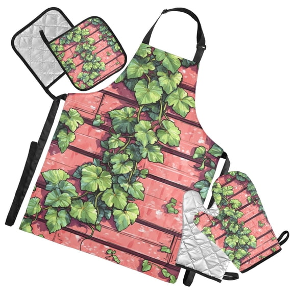 Ivy Vines on Wall Oven Mitts and Pot Holders with Chef Apron Set 5 Pcs Kitchen Cooking Set