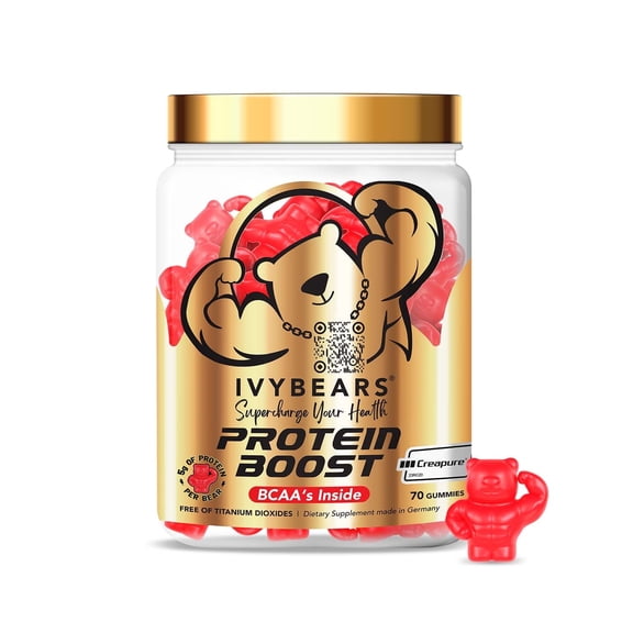 IvyBears Protein Boost Gummies 25g Protein per Serving with BCAAs, Creatine Monohydrate & Caffeine 70 Gummies 1.1kg Pack Muscle Building & Recovery Support
