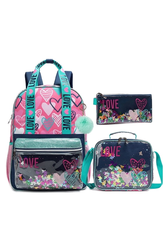 17" Backpack Sequins Love Waterproof Bag with Lunch Bags Pencil Case