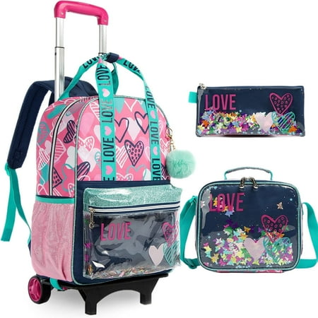 IvyH 17" Rolling Backpack,3PCS Sequins Love Wheeled Backpack with Lunch Bag and Pencil Case