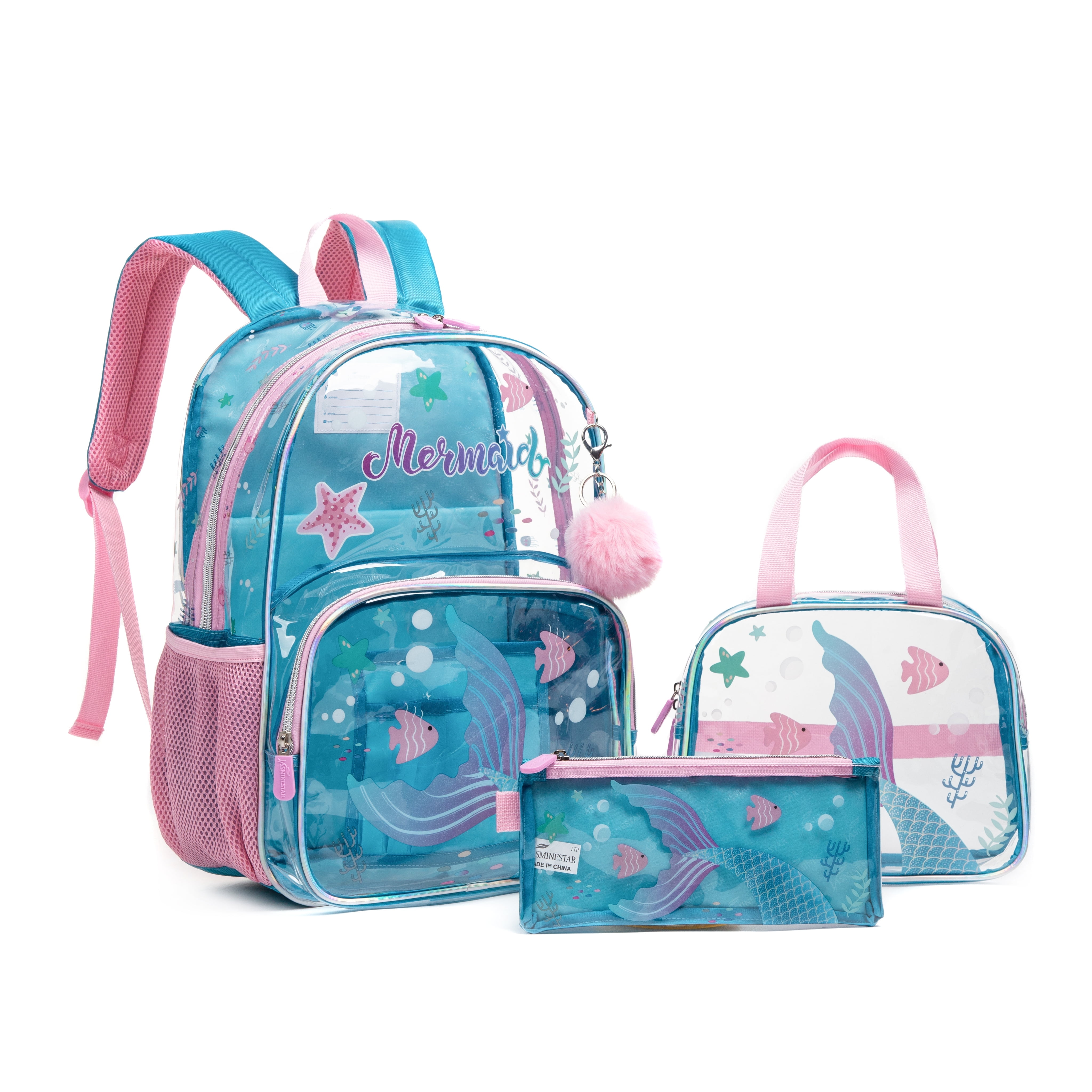 IvyH 3PCS Clear Backpack Mermaid Transparent Bag with Lunch Bag Pen Case