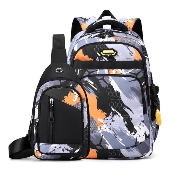IvyH Boys Backpack 2PCS Camo Breathable Middle Elementary Schoolbag Bookbag Set with Crossbody Bag,Orange
