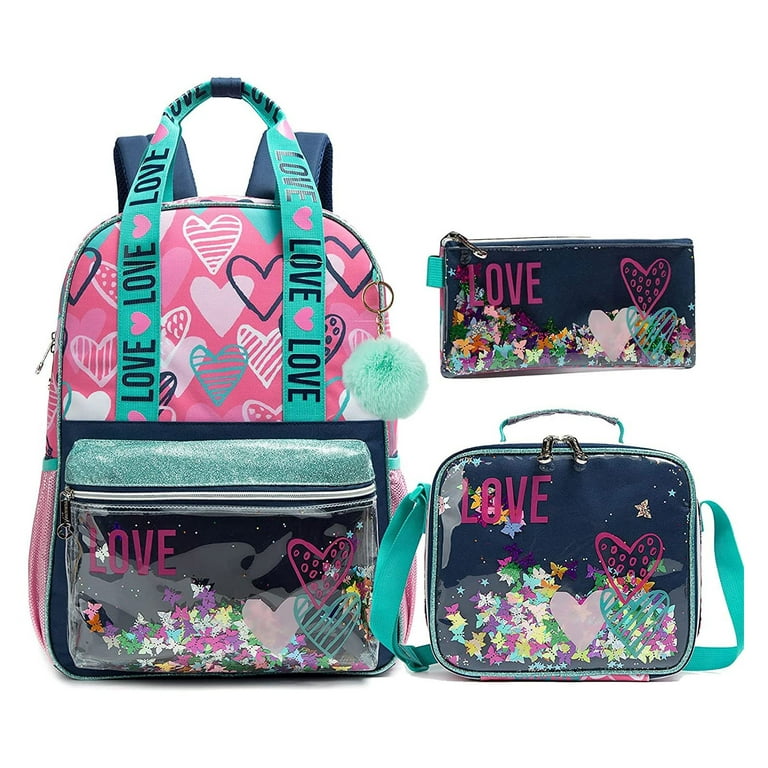 IvyH Girls Backpack 17Kids Sequins Heart Love Transparent School Bag  3-Piece Set Waterproof Bookbag with Lunch Bags Pencil Case