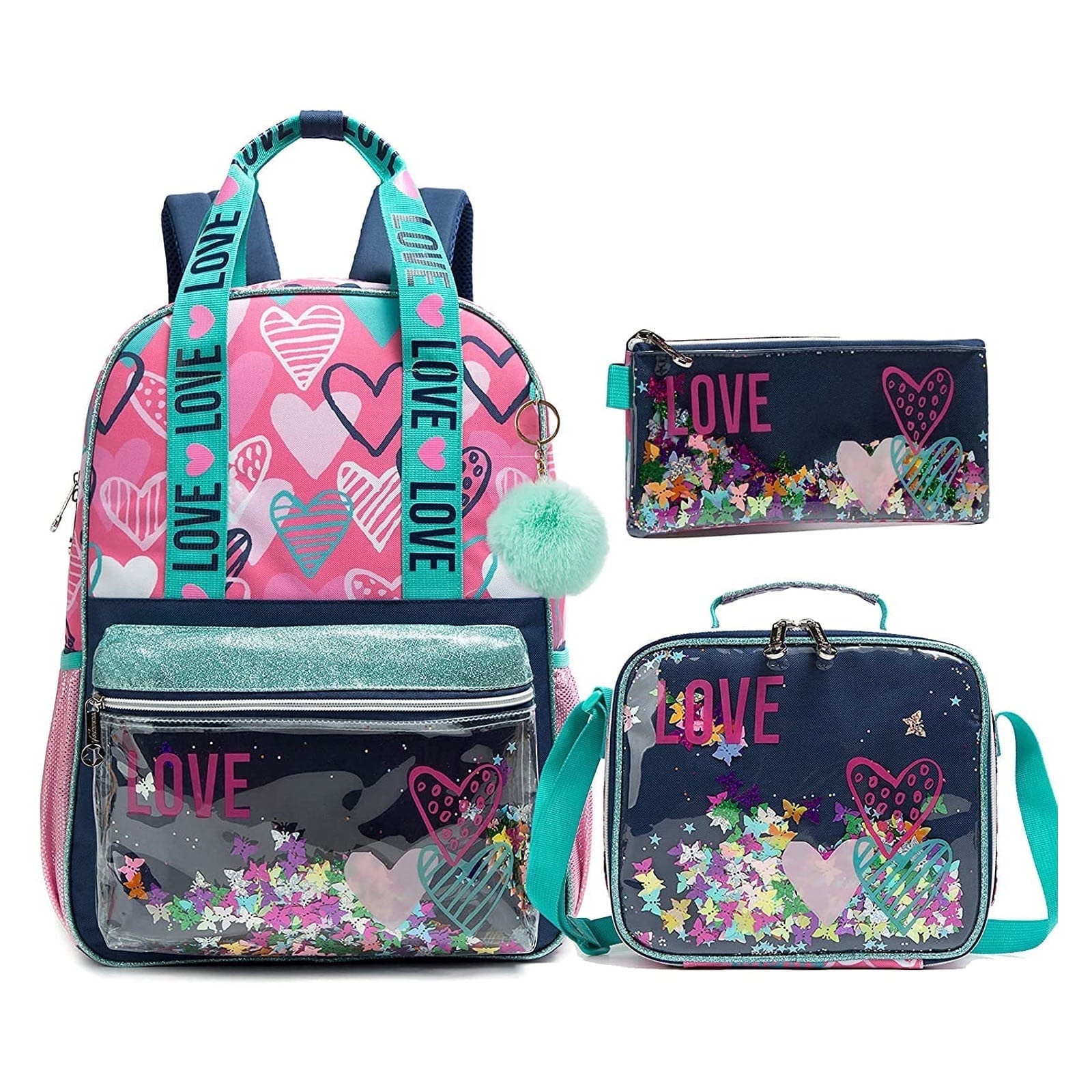 17" Backpack Sequins Love Waterproof Bag with Lunch Bags Pencil Case