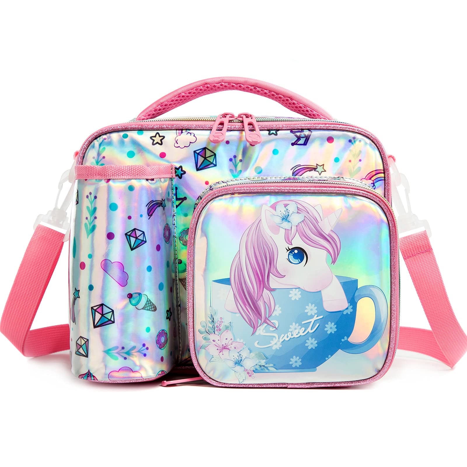 IvyH Kids Insulated Lunch Bag With Bottle Holder Adjustable Shoulder Strap Reusable Water Resistant Cartoon Lunchbag