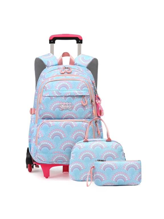 Rolling Backpack 3PCS Schoolbag Set with Lunch Bag Pen Case,Lightweight Waterproof Travel Bookbag