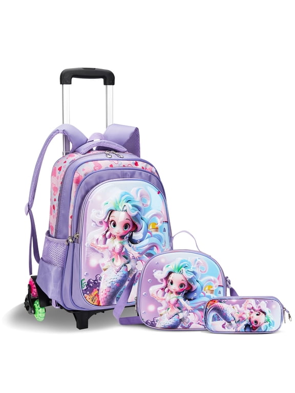 Rolling Backpack 3pcs Wheeled Backpack Lightweight Waterproof Bag Set with Lunch Bag Pen Case,Purple Mermaid