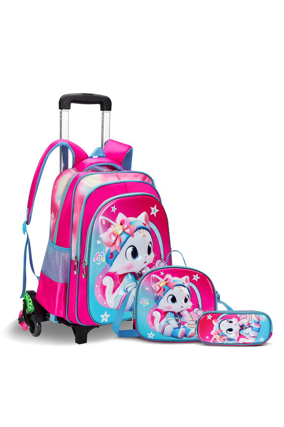 Rolling Backpack 3pcs Wheeled Backpack Lightweight Waterproof Bag Set with Lunch Bag Pen Case,Rose Cat