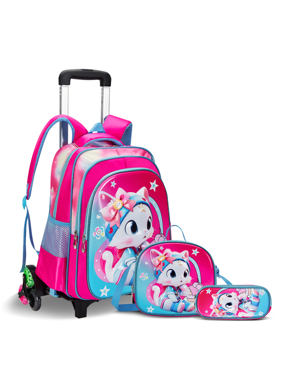 Rolling Backpack 3pcs Wheeled Backpack Lightweight Waterproof Bag Set with Lunch Bag Pen Case,Rose Cat
