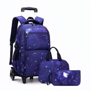 Rolling Backpack 3pcs Wheeled Backpack Lightweight Waterproof Schoolbag Set with Lunch Bag Pen Case,Dark Blue
