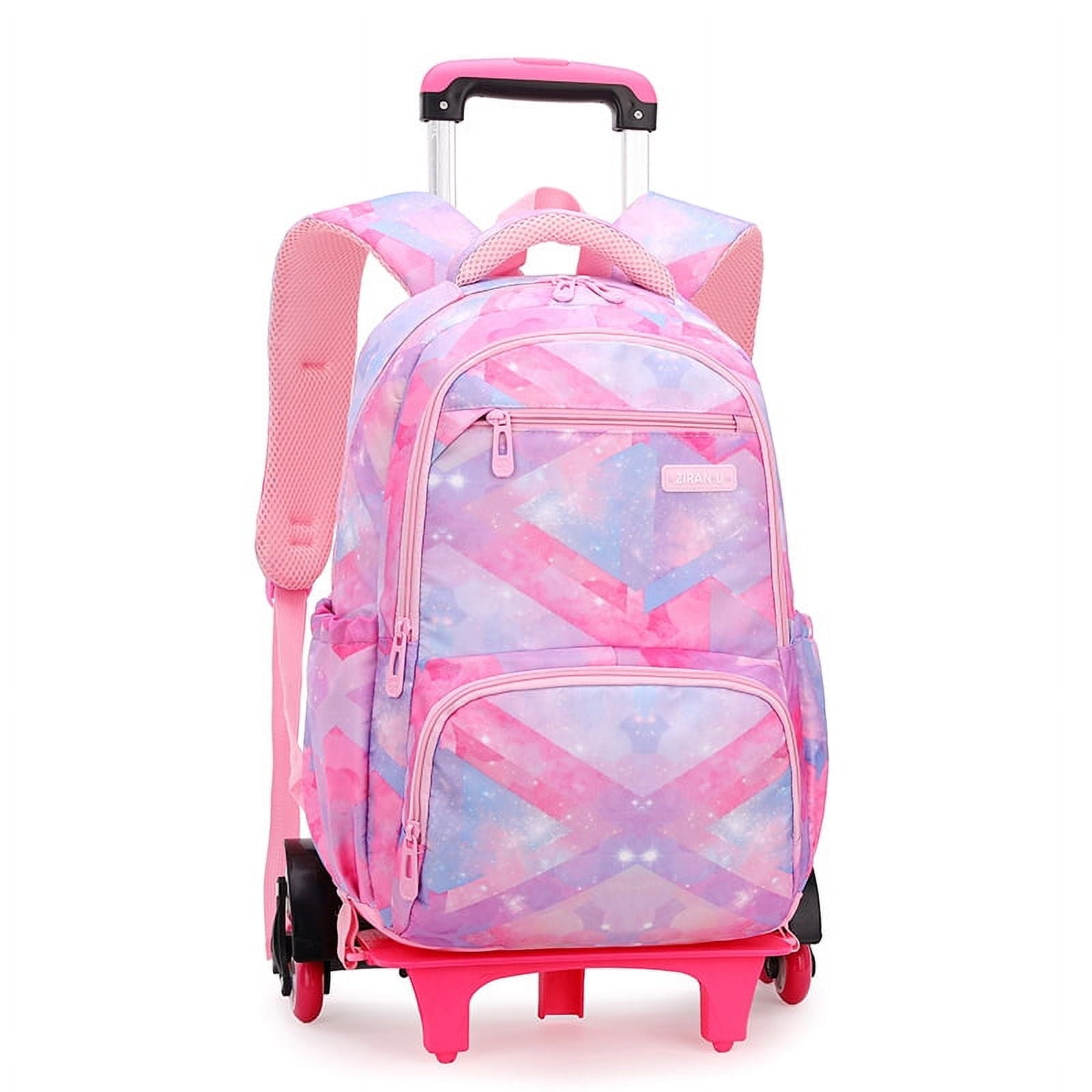 IvyH Rolling Backpack Large capacity Wheeled Backpack Waterproof Trolley School Bag Pink 6 Wheels