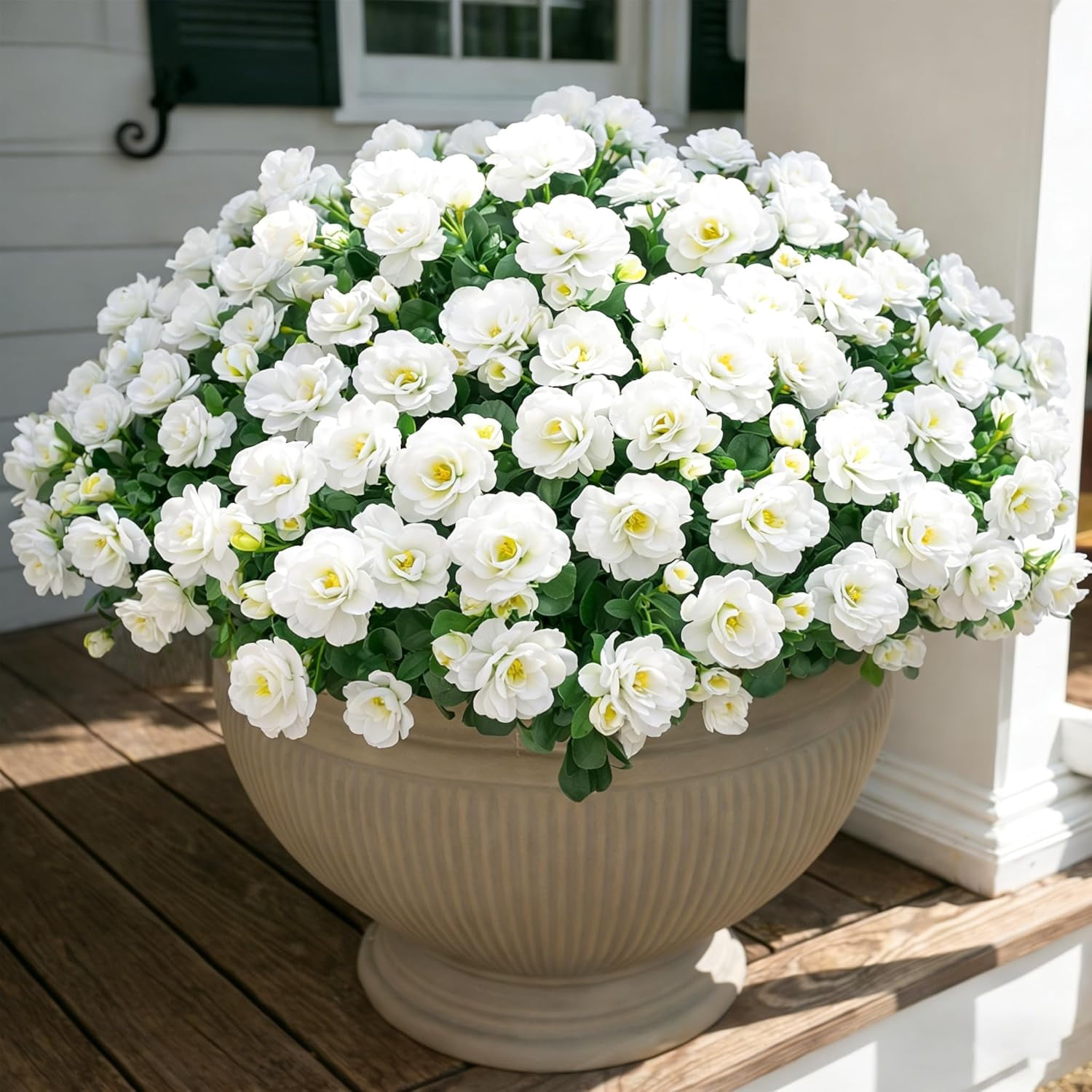 Artificial Fake White Flowers Plants for Spring Outdoor Outside, Faux Silk Camellia UV Resistant Realistic for Front Door Porch Patio Balcony Garden Yard Decor, 3 Large Bundles