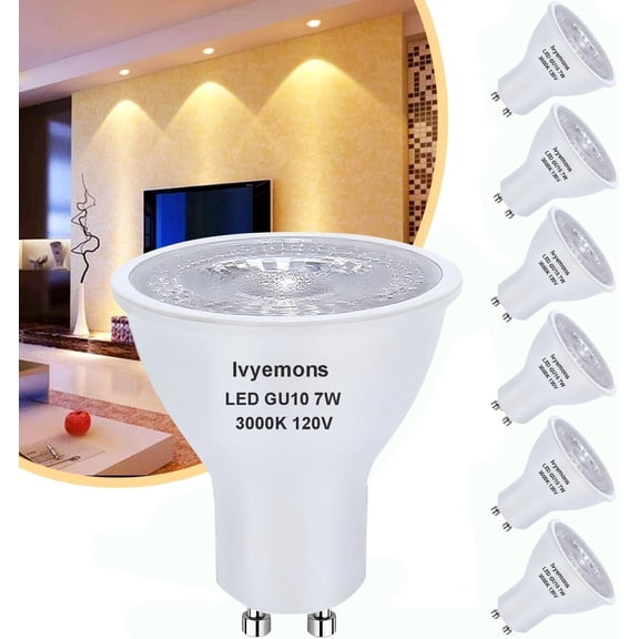Ivyemons 6-Pack GU10 MR16 LED Bulbs – 7W (50W Equiv) Dimmable, 3000K Warm White for Recessed Track Lighting