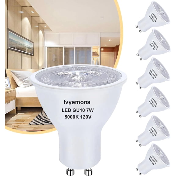 Ivyemons 6-Pack GU10 MR16 LED Bulbs – 7W (50W Equiv) Dimmable, 5000K Daylight for Recessed Track Lighting