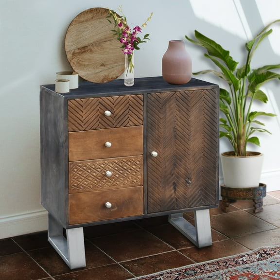 Iwal Recycled Mango Wood Chest with 4 Drawers and 1 Door