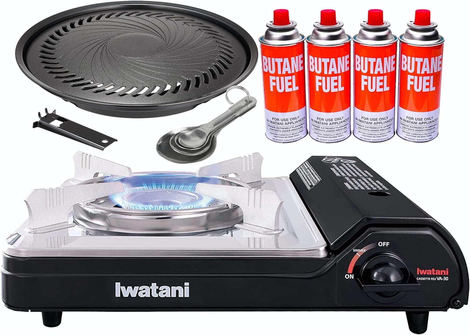 Iwatani BBQ Bundle VA30 Portable Butane Stove + Plate CBPY3 + 4 Butane Canister + Measuring
