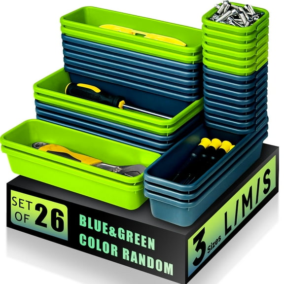 Iweighoola 26PCS Tool Box Drawer Organizer, Green and Blue Storage Bins for Tool Chest, Garage Toolbox, Desk Drawer Divider Trays