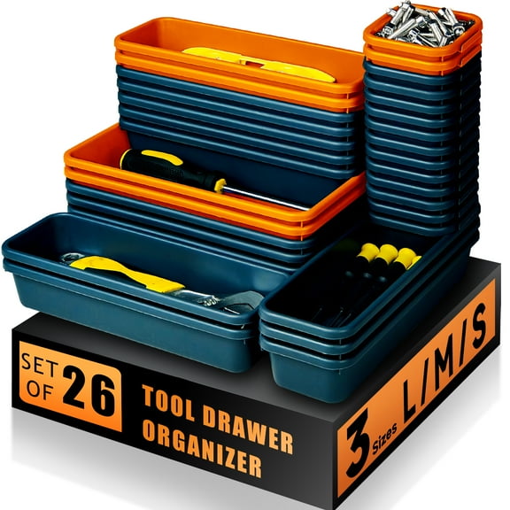 Iweighoola 26PCS Tool Box Drawer Organizer, Green and Orange Storage Bins for Tool Chest, Garage Toolbox, Desk Drawer Divider Trays
