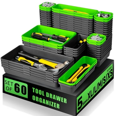Iweighoola 60PCS Tool Box Organizer Tray Set, Interlocking Drawer Storage Bins for Chest, Garage, Desk, Rolling Tool Cart (Black + Green)