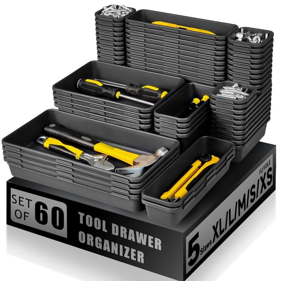 Iweighoola 60PCS Tool Box Organizer Trays, Interlocking Drawer Storage Bins for Tool Chest, Garage, Desk, Rolling Tool Cart (Black)