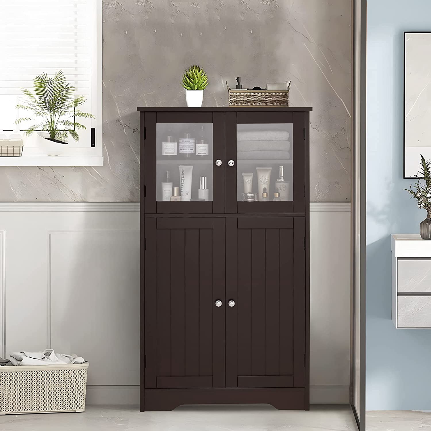Bathroom Storage Cabinet, Linen Cabinet with Glass Doors & Adjustable Shelf, Freestanding ...