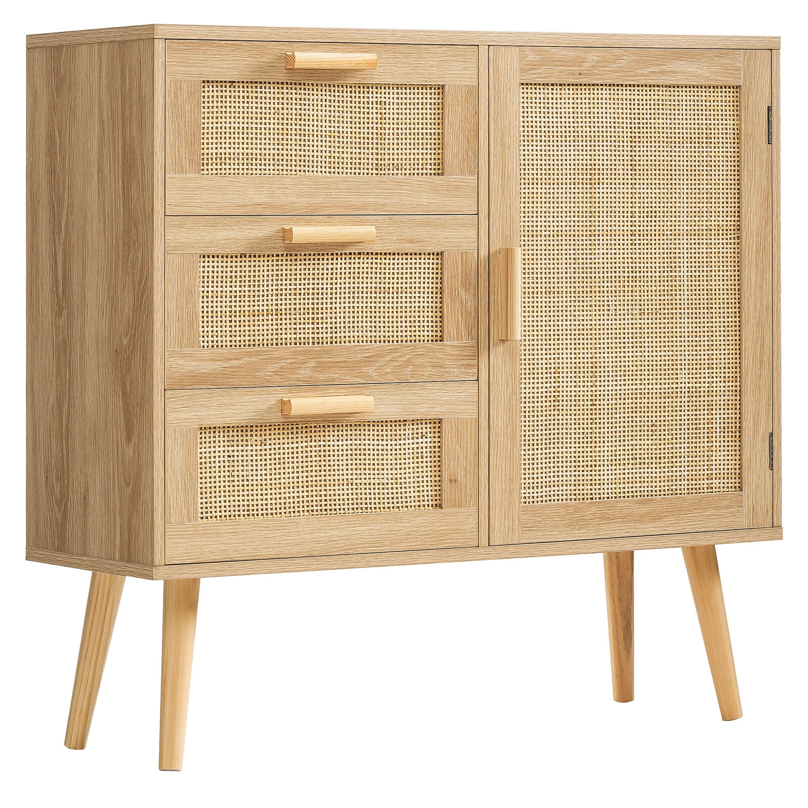 Crete Small Storage Cabinet with Drawers,5 Drawer Cabinet With Wood Texture  And Natural Rattan Storage Cabinet,Dark Green Finish-Maison Boucle
