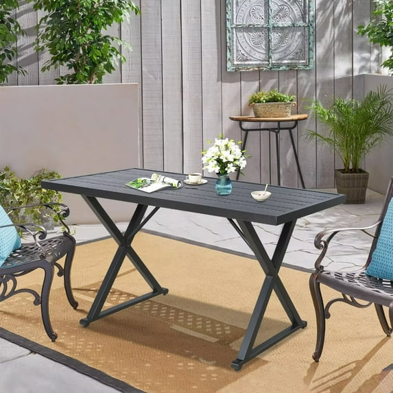Iwicker 55" x 28" Outdoor Metal Rectangular Dining Table with Umbrella Hole for 4 Chairs, Black