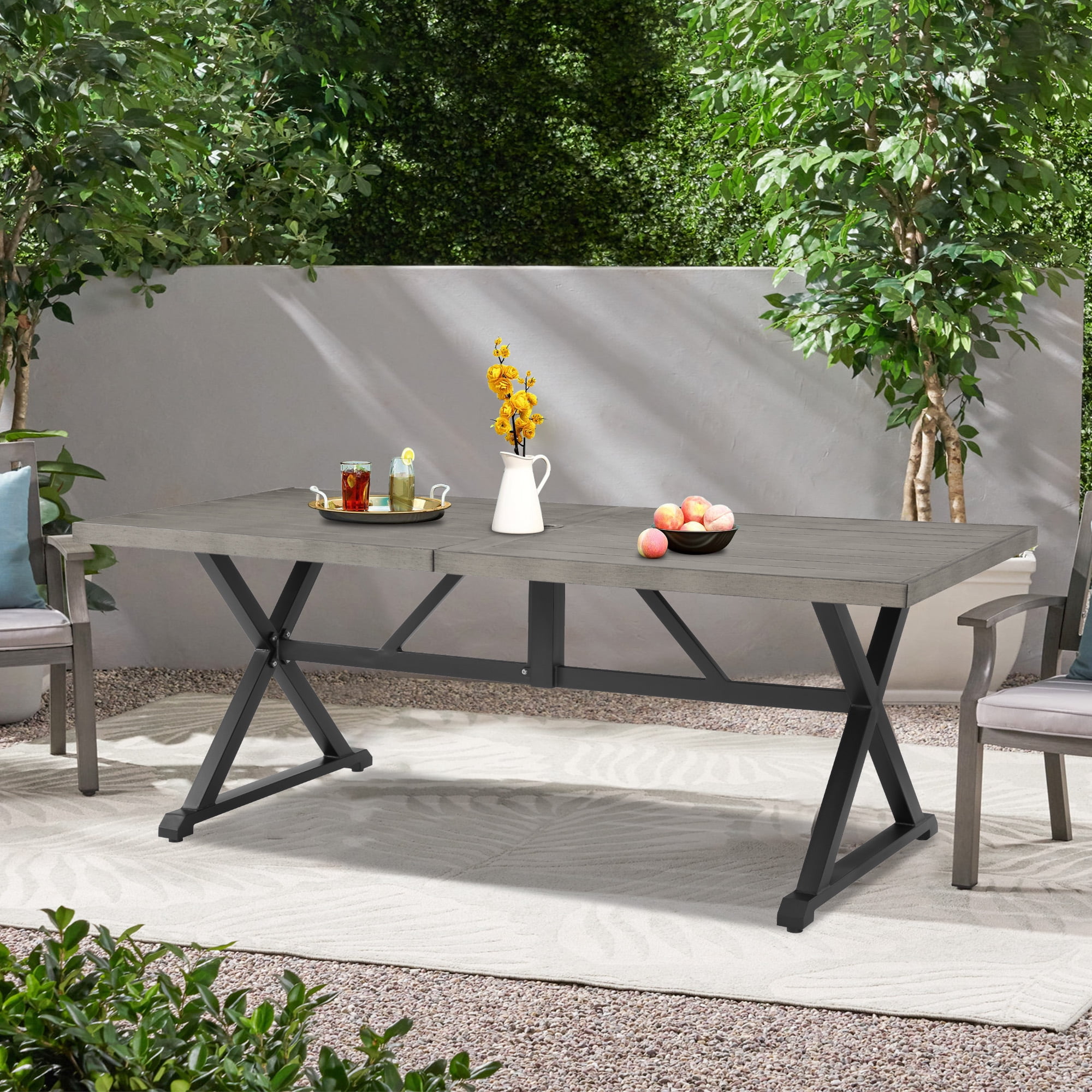 iwicker patio square steel dining table with umbrella hole Vicllax Outdoor for 4 Hole, All Weather Metal Grey Table with Storage for Deck, Backyard, Garden The elegant black and brown color scheme complements any patio decor beautifully Koverton Parkview Woven Wicker Square