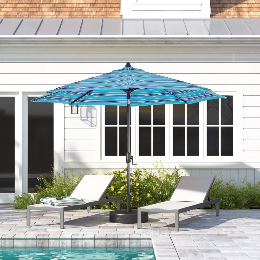 Iwicker 9Ft Patio Umbrella Sunbrella Outdoor Aluminum Market Umbrella with Crank and Push Button Tilt, Blue Stripe