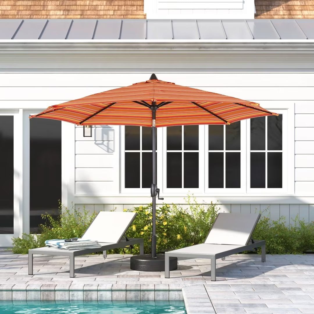 Iwicker 9Ft Patio Umbrella Sunbrella Outdoor Aluminum Market Umbrella with Crank and Push Button Tilt, Orange Stripe