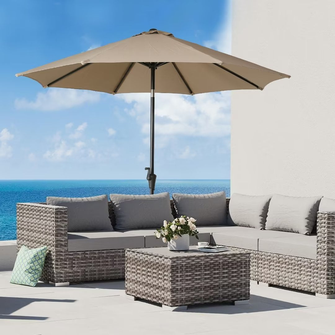 Iwicker 9Ft Sunbrella Patio Umbrella Outdoor Aluminum Market Umbrella with Crank and Push Button Tilt, Heather Beige