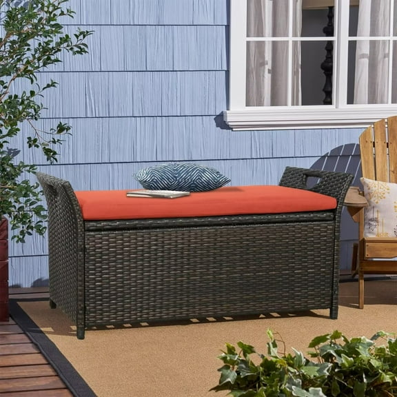 Iwicker Outdoor Patio Wicker Furniture Storage Bench Deck Box with Cushions, Rust Red
