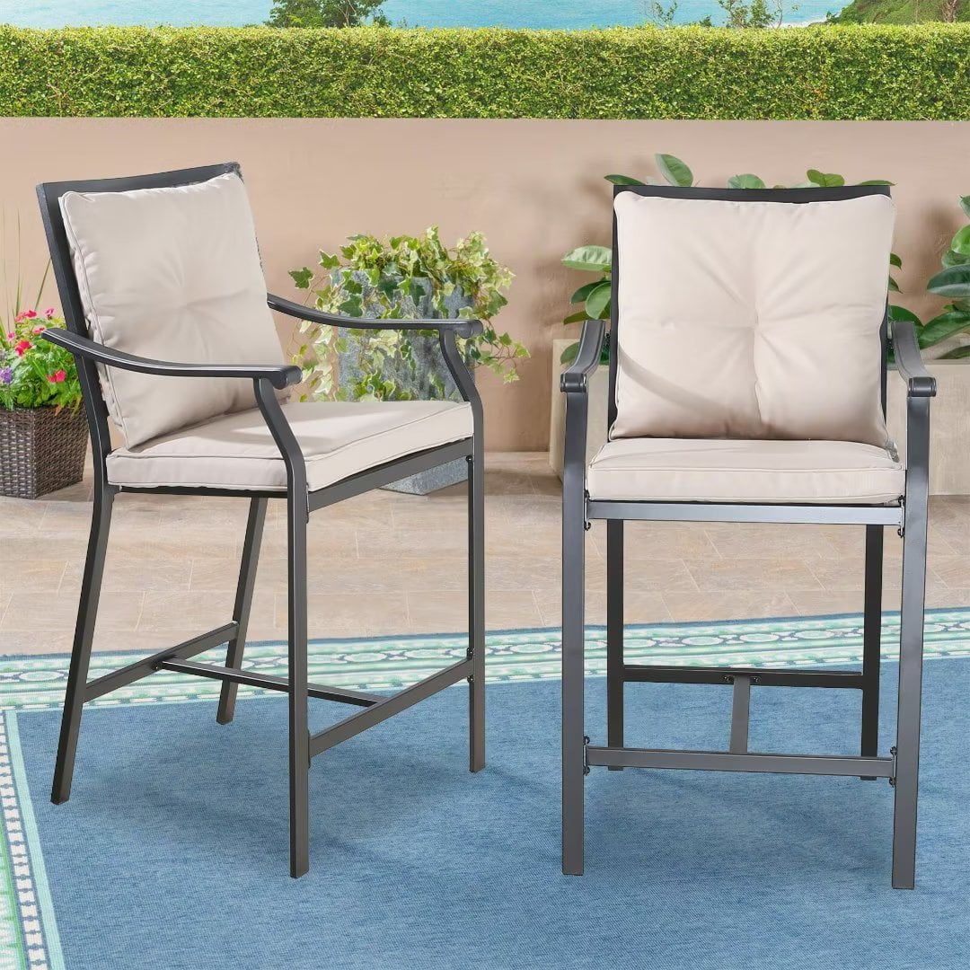 Black Steel Bar Height Armchair with Beige Cushions
