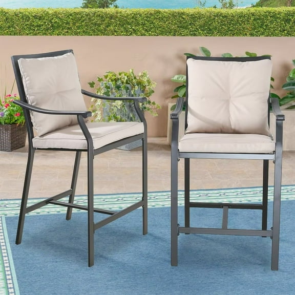 Iwicker Outdoor Steel Dining Chairs Set of 2 Pieces Patio Bar Stools with Seat and Back Cushions