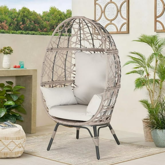 Iwicker Outdoor Wicker Teardrop Egg Chair Standing Basket Chair with Cushion, Beige