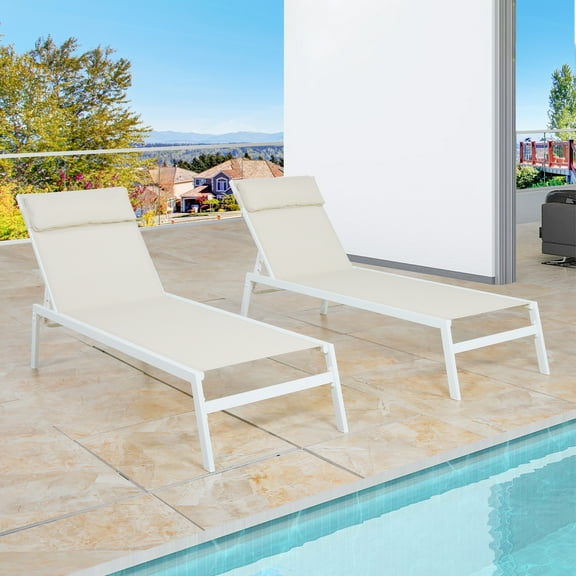 Iwicker Patio Chaise Sling Lounge Chair Set of 2 Metal Outdoor Adjustable Pool Lounge Chairs for Outside, Beige