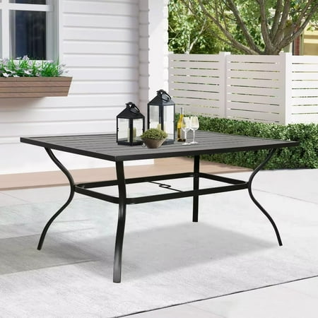 Iwicker Patio Outdoor Rectangle Dining Table 60" Metal Table with Umbrella Hole for 6 People