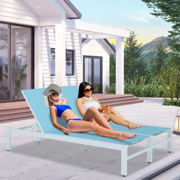 Iwicker Patio Sling Double Chaise Lounge Outdoor Aluminum Adjustable Back Lounge Recliner Chair for Outside, Mist
