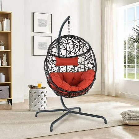Iwicker Patio Wicker Hanging Egg Chair Outdoor Rattan Swing Chair with Stand and Cushions, Red