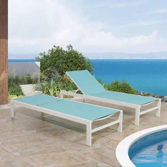 Iwicker Set of 2 Patio Aluminum Outdoor Chaise Lounge Chair, Sling Adjustable Patio Lounge Chair with Wheels for Outside, Mist
