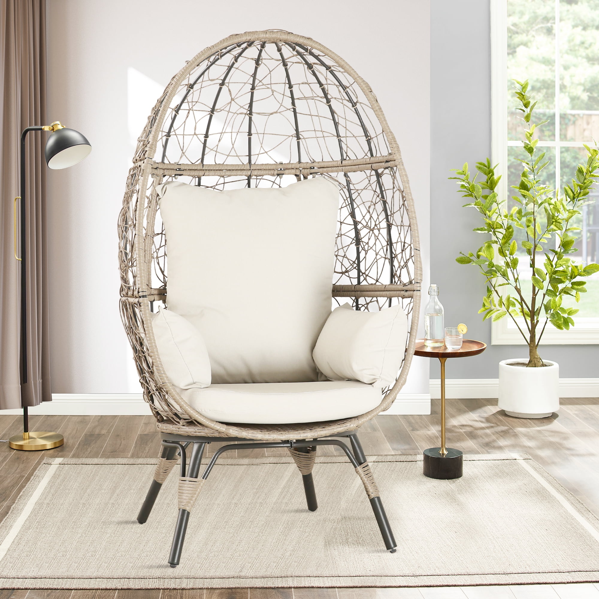 Beige Wicker Teardrop Egg Chair with Cushions and Steel Frame